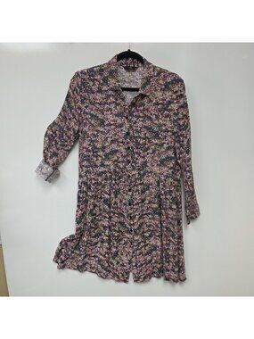 ZIP Shirt Dress Womens 40 Multicolor Floral Button Front Long Sleeve Collared